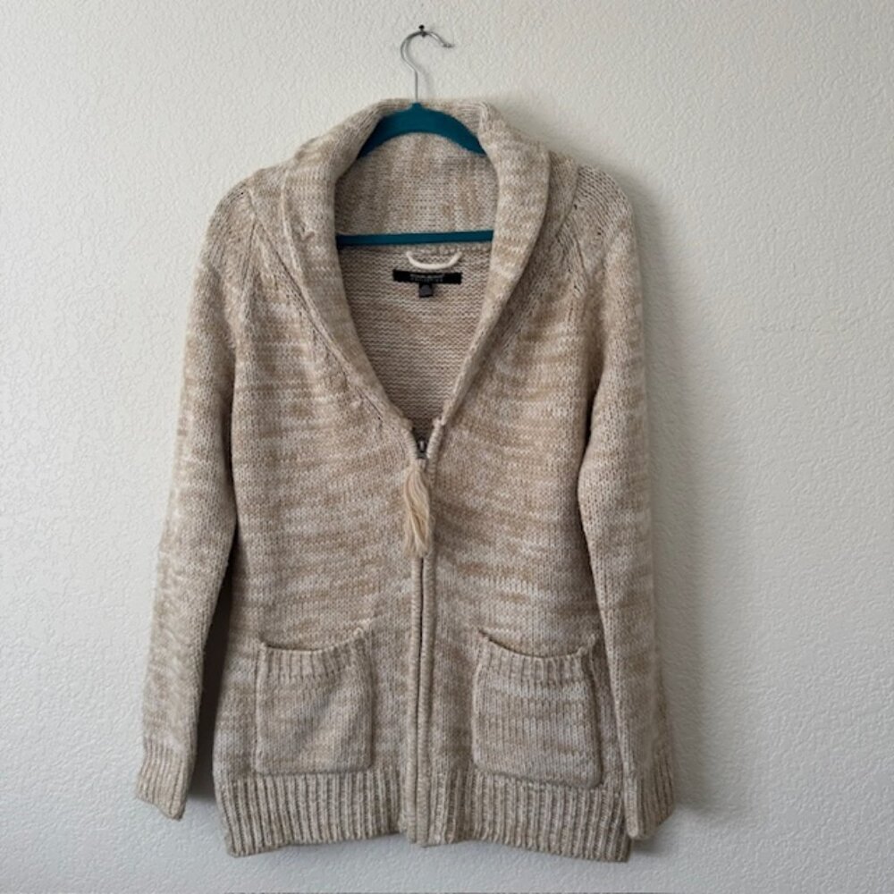 Open Knit Zip Cardigan Women Large Tan‎ Marled Shawl Collar Tassel Sweater
